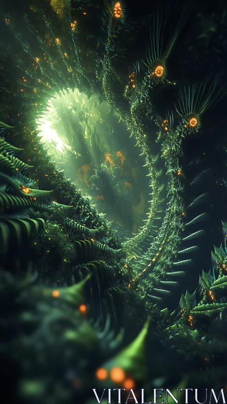 Glowing forest spiral opening into a mysterious green world.