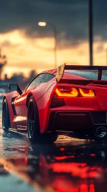 Rear three-quarter view captures rain-soaked red supercar reflections