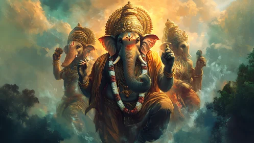 Elephant-headed deities stride forward through glowing clouds