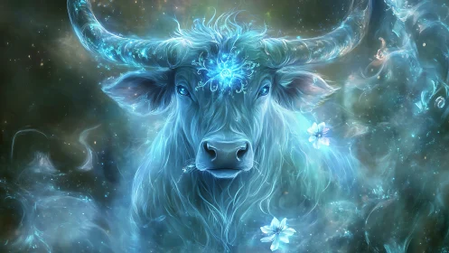 Starlit celestial bull gazes calmly through swirling blue magic