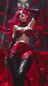 Red-haired figure in torn garments before stained glass window.