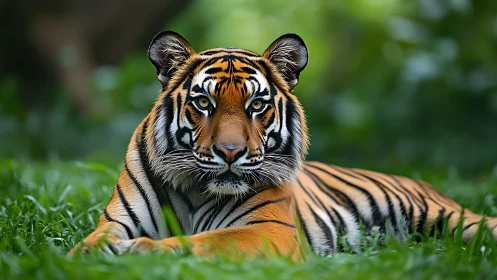 High-resolution frontal study of resting Bengal tiger morphology.