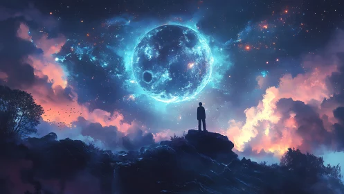 Silhouetted observer on rocky ridge under luminous cosmic moon