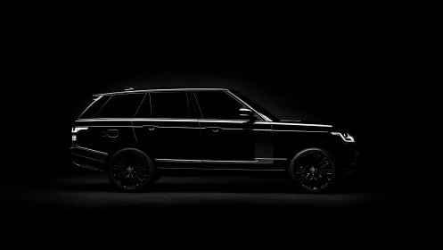 Sleek black luxury SUV silhouette glows in dramatic darkness