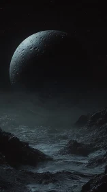 Crescent moon rises above shadowed alien shoreline at night