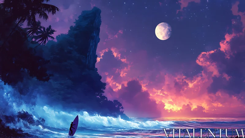 Lone Surfer Contemplates Moonlit Paradise Painted Across Sky