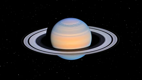 Saturn with illuminated rings centered in star-filled space