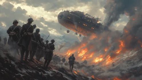 Steampunk airship hovers over burning battlefield scene.