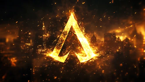 Glowing triangular symbol above illuminated cityscape against dark backdrop.