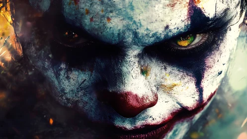 Haunted carnival gaze in vividly fractured clown paint.