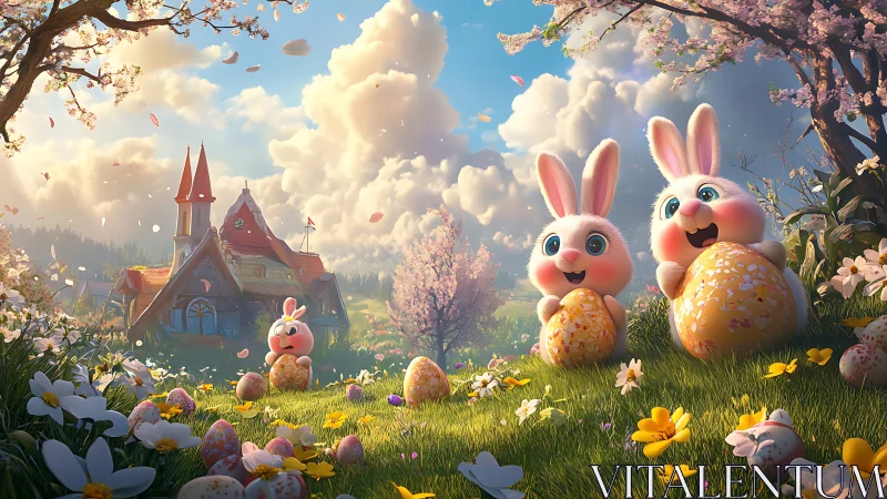 Cartoon rabbits with patterned eggs in spring meadow setting.