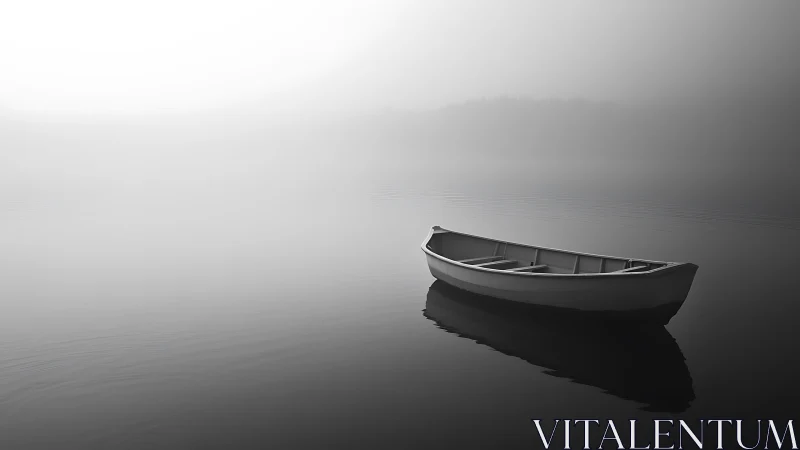 Moored rowboat in foggy monochrome lake with mirror reflection.