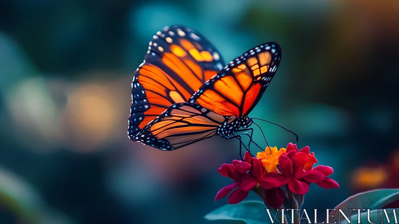Monarch butterfly rests on vivid red flower in soft bokeh garden.
