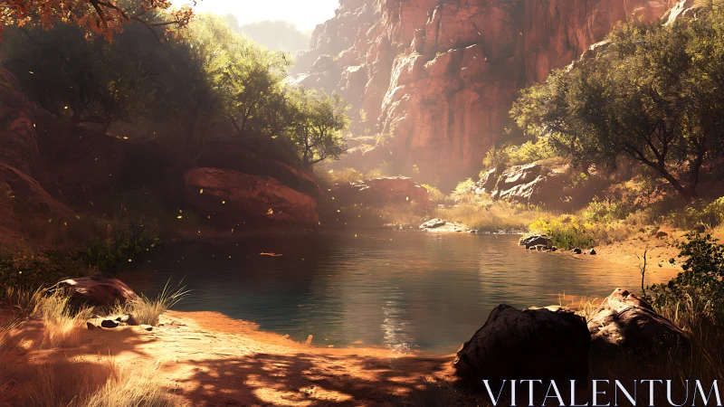 Sunlit canyon pool under warm cascading afternoon haze.