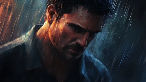 Melancholic male portrait under heavy rain, warm cool contrast.