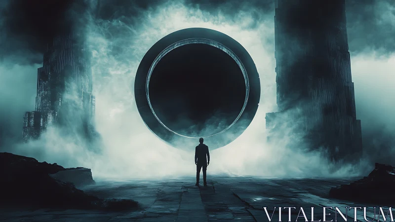 Cinematic cyberpunk portal vista with silhouetted lone figure.