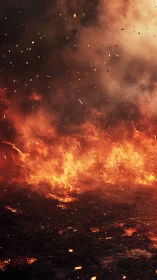 Intense Wildfire Engulfing Landscape with Explosive Ember Dispersion