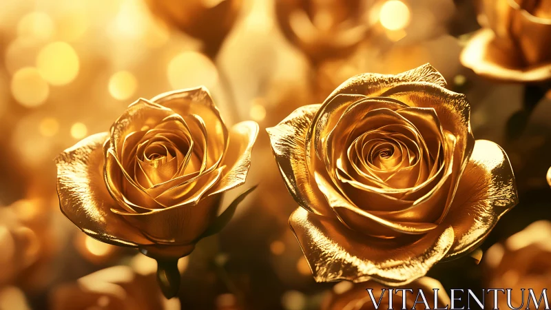 Gold roses with bokeh background display digital rendering