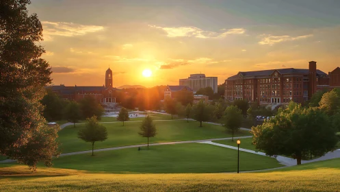 Sunlit collegiate quad with red-brick architecture at dusk.