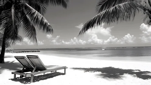 Monochrome tropical shoreline frames dual loungers in shade
