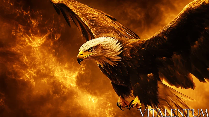 Majestic Bald Eagle in Fiery Skies Digital Art Illustration.