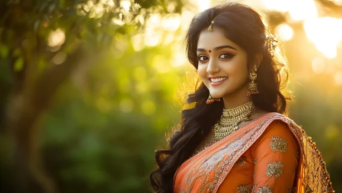 Sunlit portrait of woman in ornate orange saree outdoors