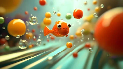 Playful Cartoon Goldfish Surrounded by Colorful Floating Bubbles.