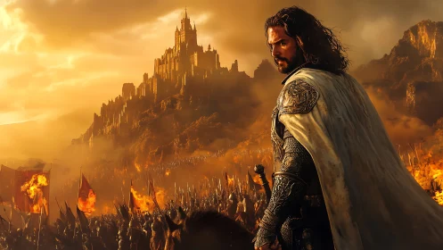 Golden hour warlord before storming the burning citadel.