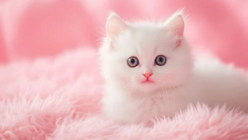Pristine White Kitten Gazes Amid Soft Pink Cloud Textures
