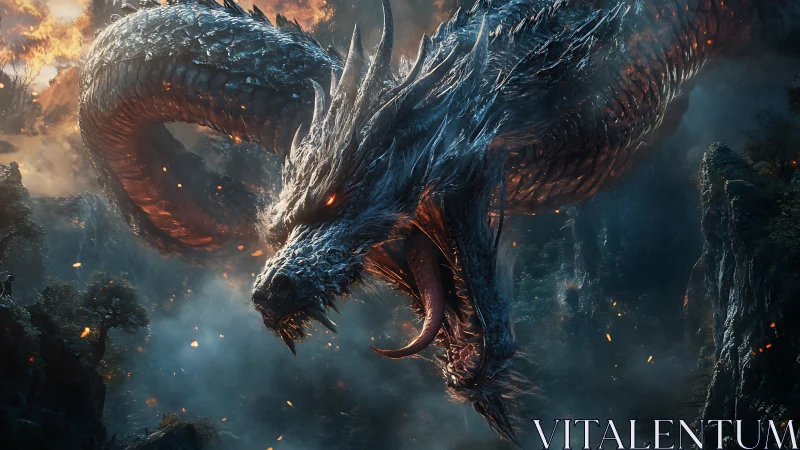 Gigantic firelit dragon coils above dark rugged canyon.