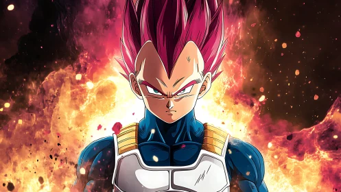 Armored warrior stands before explosive cosmic firestorm