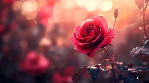 A Vibrant Red Rose Glistens with Morning Dew.