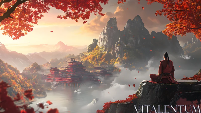 Meditating wanderer lets scarlet mountains breathe in silence