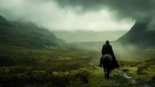 Lone rider wandering through misty green valley calm and quiet.