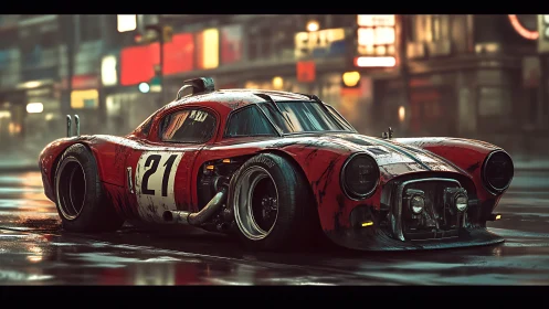 Red modified race car on wet city street at night period.