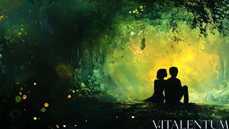 Two silhouettes embrace beneath luminous green cave.