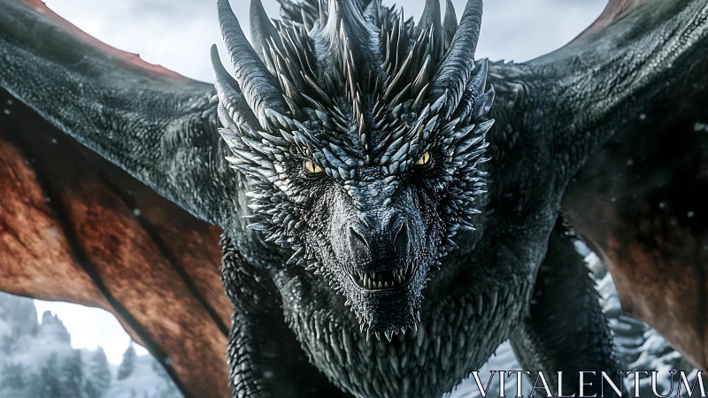 Close frontal view of detailed black dragon in flight.