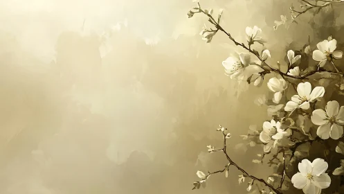 White cherry blossoms on branches against soft golden background.