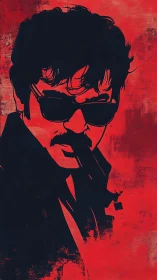 Graphic noir portrait with high-contrast red negative space.