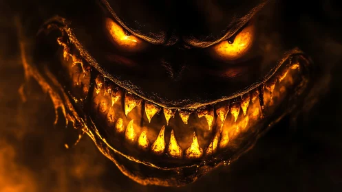 Demonic jack o&rsquo; lantern face glows with menacing fire.