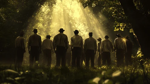 Group of men in forest clearing under strong sun rays.