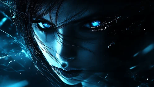 Cybernetic gaze ignites cold electric blue night storm.