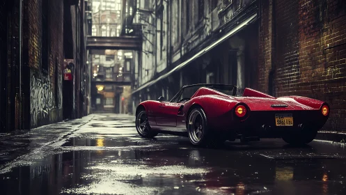 Red sports convertible in wet urban alleyway at night.