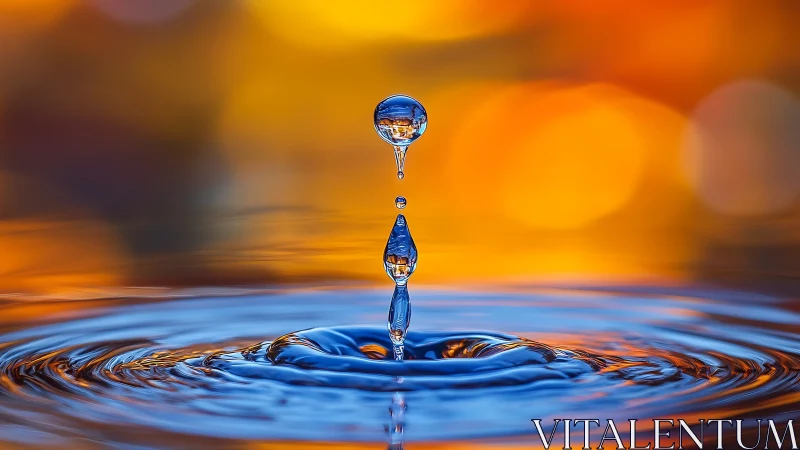 Water droplet column over rippled surface, warm bokeh backdrop.