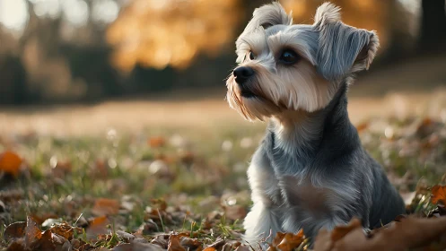 Small gray dog on autumn grass with fallen brown leaves.