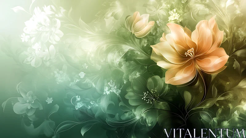 Stylized floral composition with layered botanical elements.