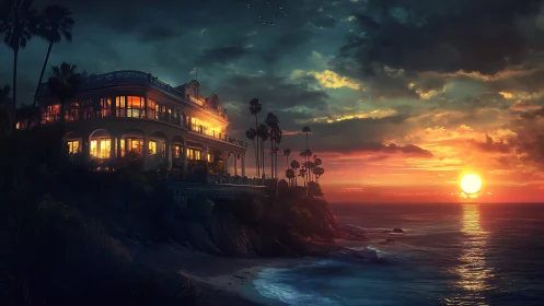 Sunset illuminates a clifftop villa over a glowing ocean