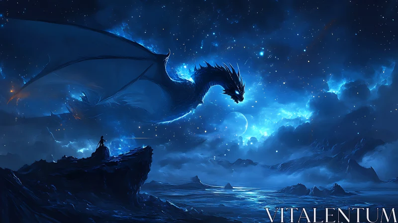 Starlit dragon soars above a lone mage on icy cliffs.