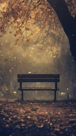 Quiet park bench in golden autumn light and drifting leaves.