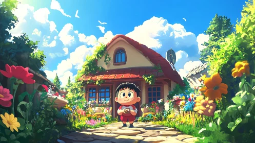 Sunlit cottage garden frames stylized child under volumetric clouds